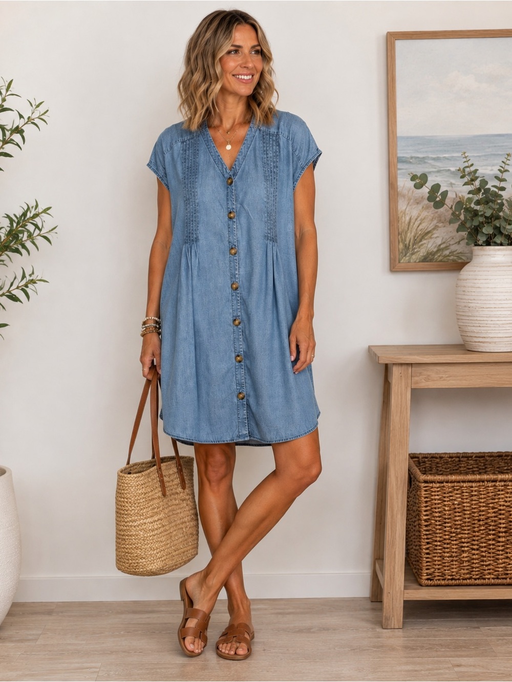 J.Jill Denim Chambray Tencel Linen Button Front Shirt Dress L